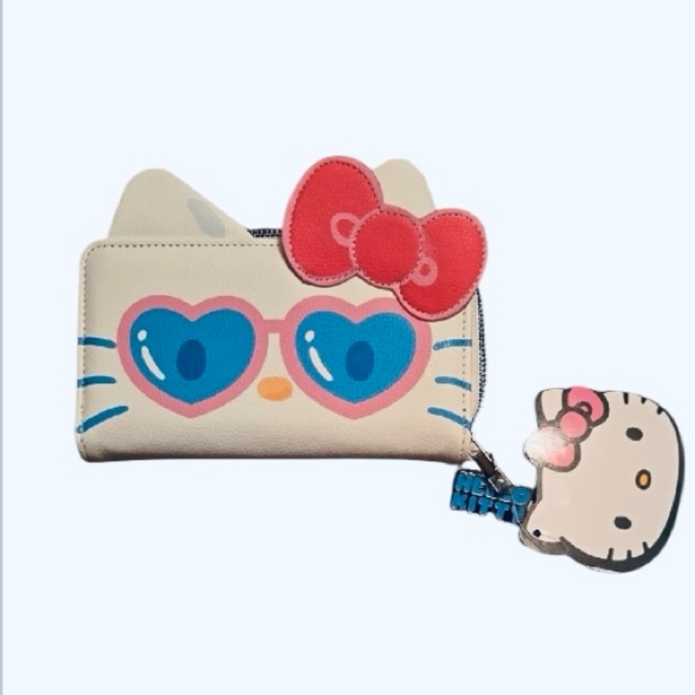 Hello Kitty White Wallet with Pink and Blue Accents Heart Sunglasses Snap Bifold